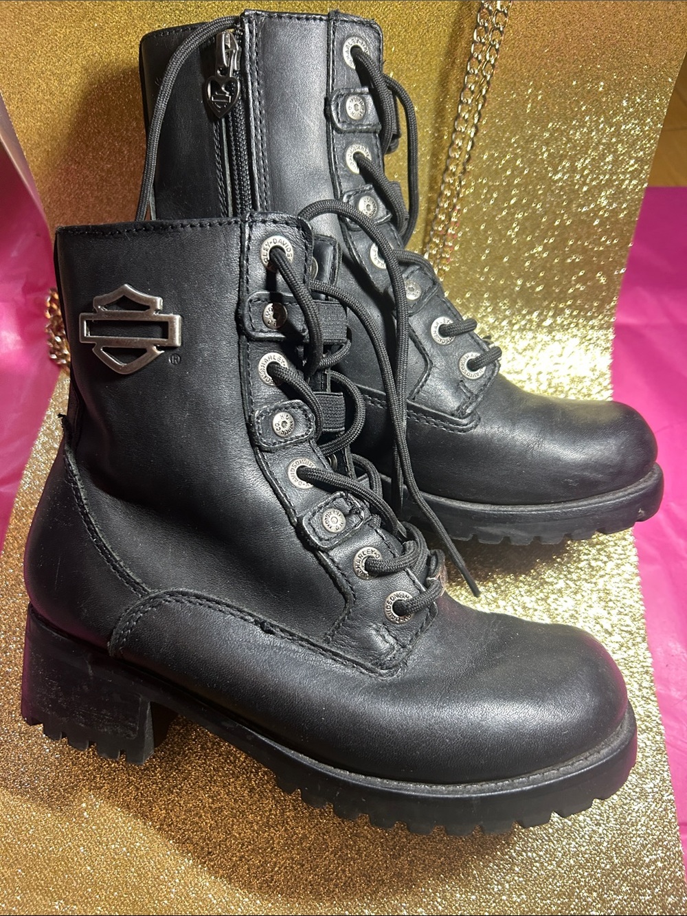 Harley-Davidson Women's Black Leather Lace-Up Combat Boots